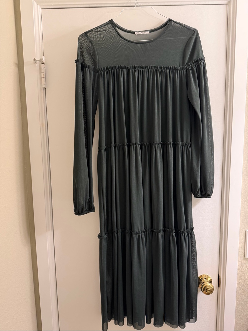 Zara Long Sleeve Tiered Mesh  Sheer Dress - Dark Green